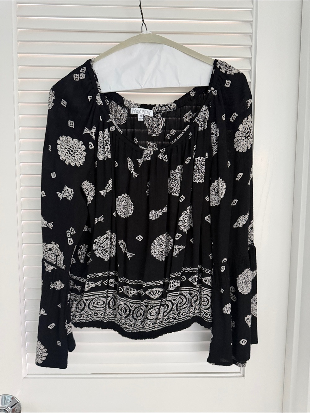 Patrons of Peace Black and White Bandana-Print Peasant Top